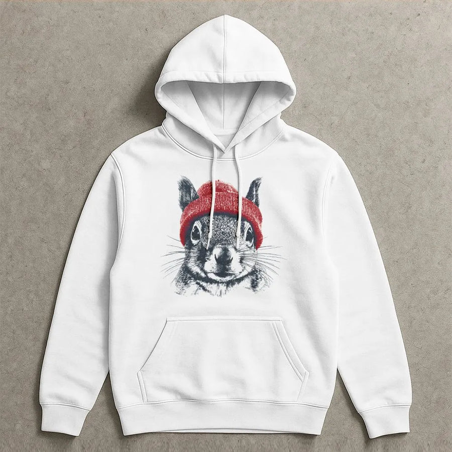 Squirrel Hoodie | Cute Red Beanie Animal Design | Premium Cotton Blend | Funny Wildlife Lover Nature Gift for Adults