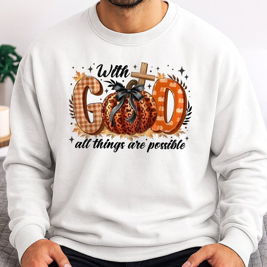 With God All Things Are Possible Sweatshirt | Christian Pumpkin Leopard Print | Premium Cotton Blend | Faith-Based Fall Gift for Women