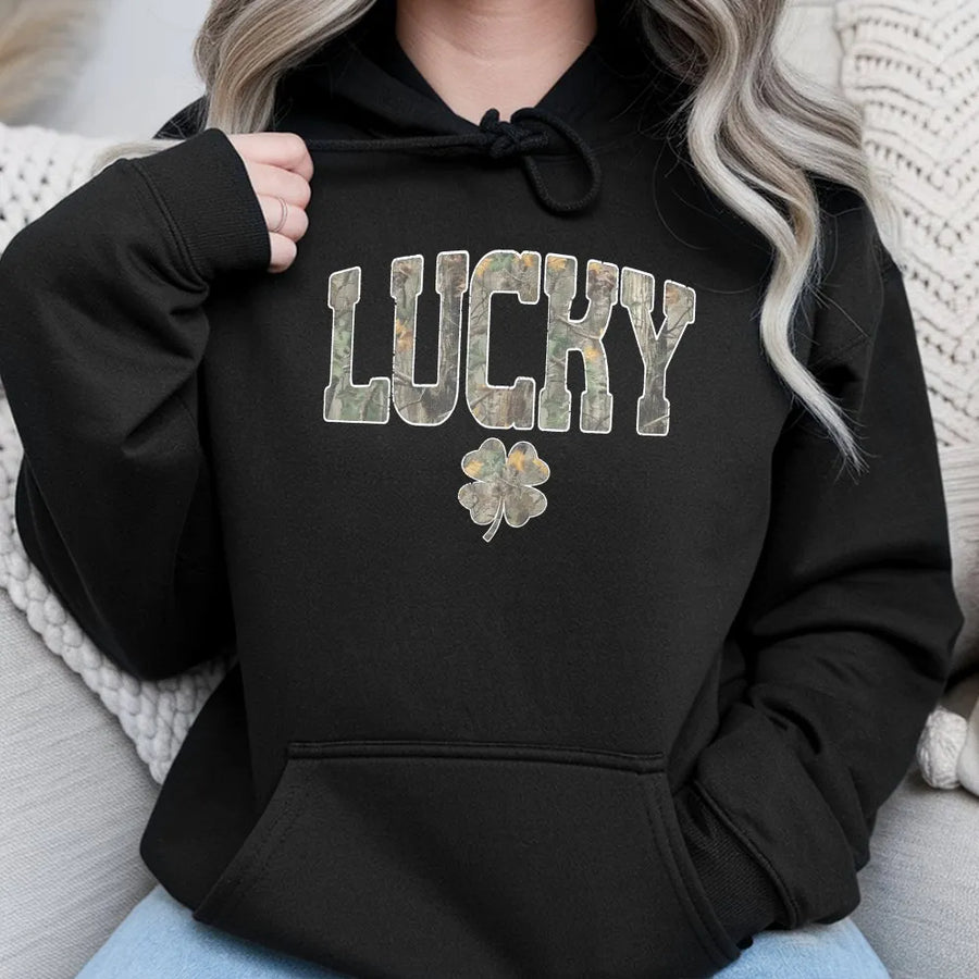 Lucky Shamrock Hoodie | Camo Print St Patricks Day Design | Premium Cotton Blend | Unisex Holiday Gift for Her or Him
