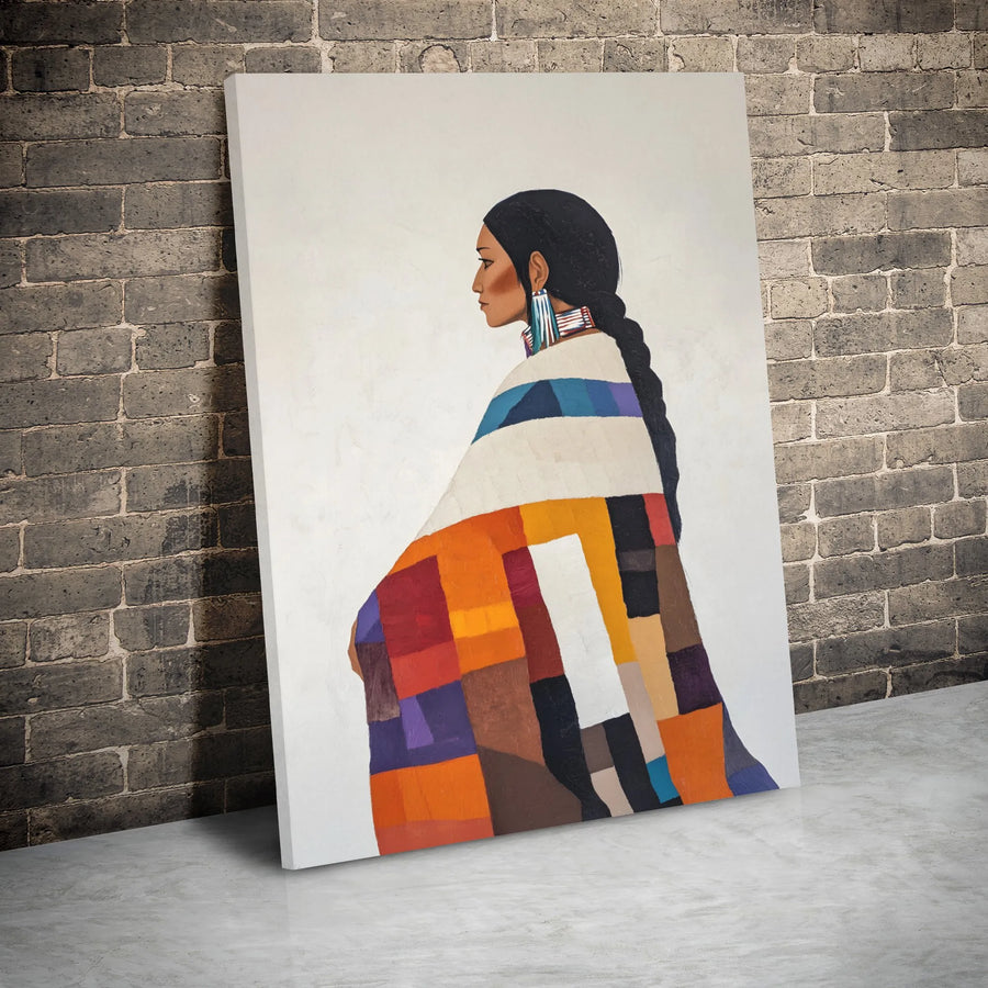 Native American Portrait Canvas | Colorful Patchwork Blanket Art | Gallery Wrapped Premium Quality | Southwest Wall Decor for Home Office