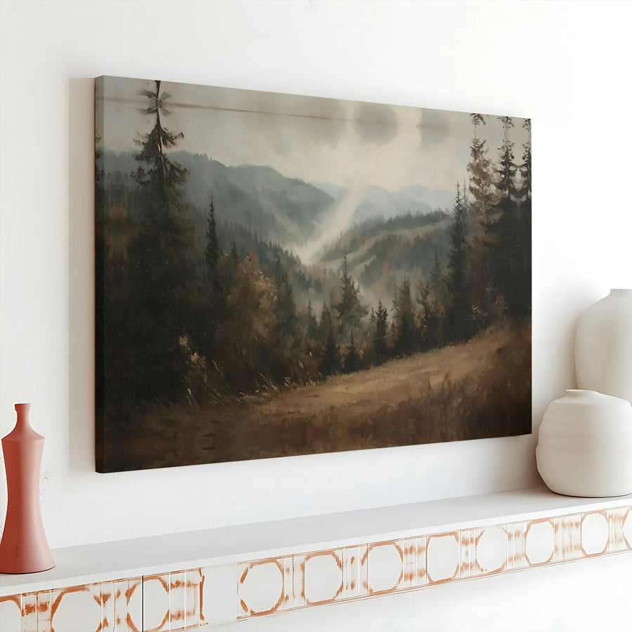 Misty Mountain Forest Canvas Wall Art | Moody Landscape Nature Print | Premium 1.25" Gallery Wrap | Earthy Home Decor for Nature Lovers