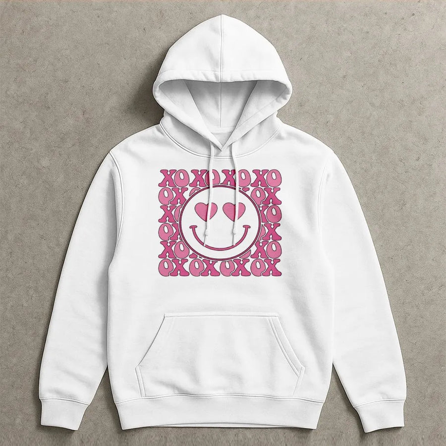 Smiley Face Heart Eyes Hoodie | Retro XOXO Valentine Graphic Design | Premium Cotton Blend | Cute Aesthetic Gift for Her