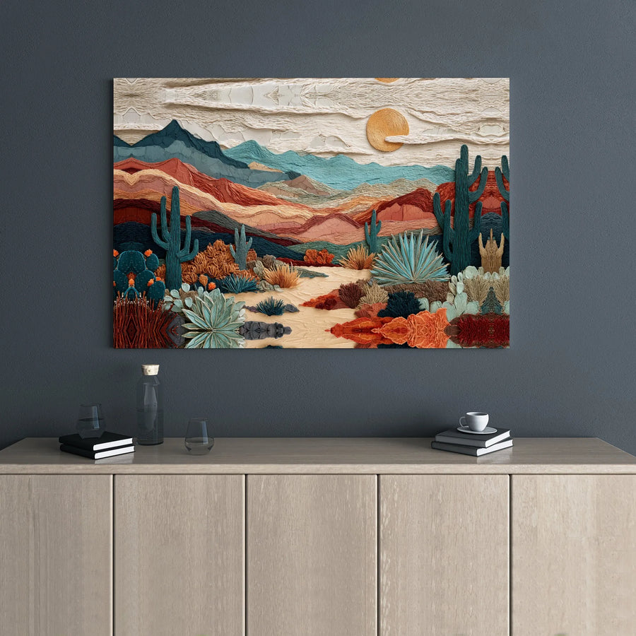 Southwest Desert Landscape Canvas | Abstract Cacti & Mountain Wall Art | Premium Gallery Wrap | Modern Home Decor Gift