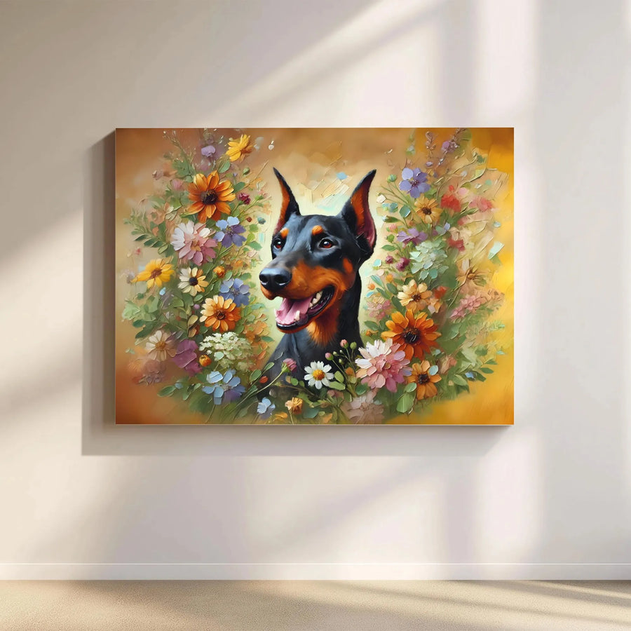 Doberman Pinscher Canvas Wall Art | Colorful Wildflower Floral Portrait | Premium 1.25 Inch Gallery Wrap | Dog Lover Gift Home Decor
