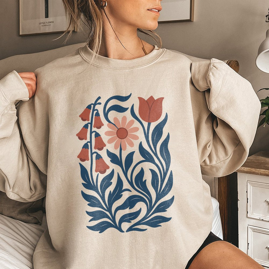 Botanical Flower Market Sweatshirt | Retro Floral Illustration Design | Soft Cotton Blend Premium Pullover | Gift for Nature Lover Garden Enthusiast