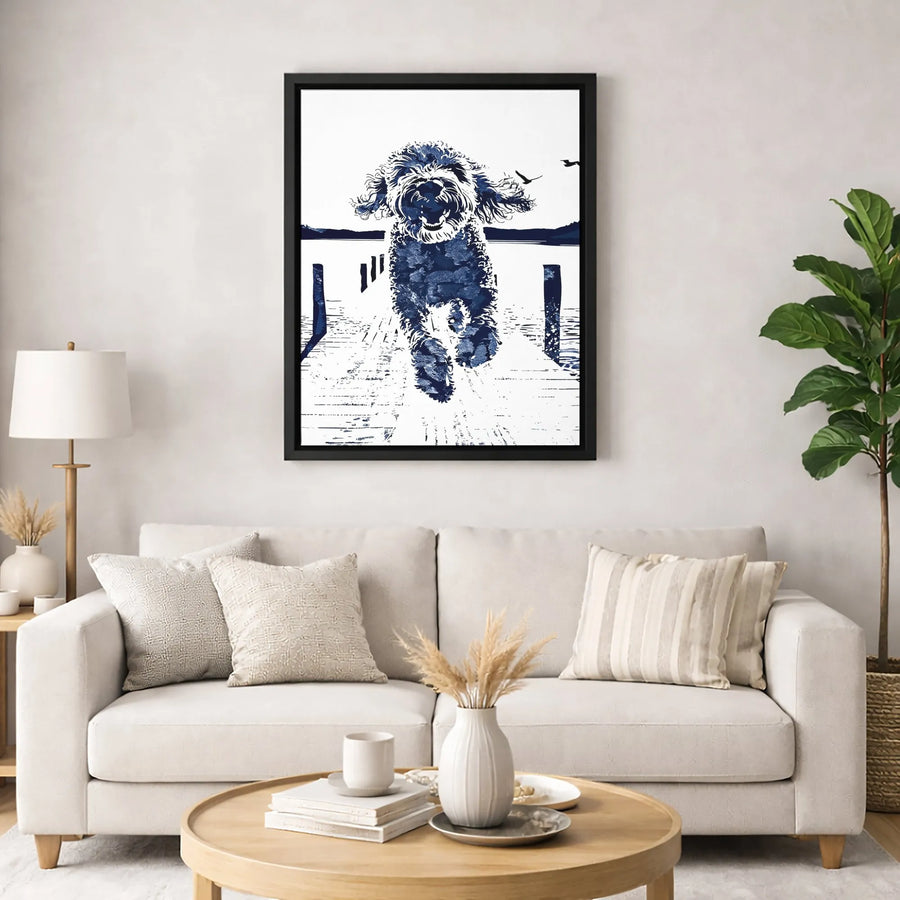 Goldendoodle Dog Canvas Wall Art | Blue And White Running Doodle Print | Premium Gallery Wrapped Decor | Gift For Dog Lovers