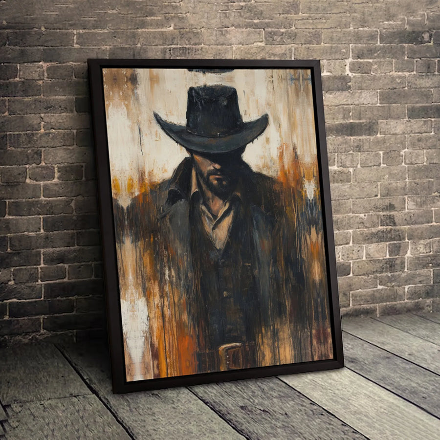 Western Cowboy Canvas Art | Abstract Moody Outlaw Wall Decor | Premium 1.25 Inch Gallery Wrap | Masculine Office & Home Gift