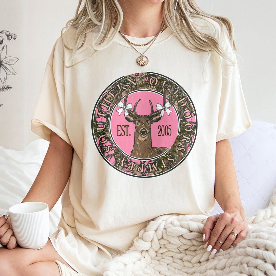 Deer Graphic T-Shirt | Southern Outdoors Pink Camo Deer Head Design | 100% Cotton Premium Tee | Country Style Gift for Women and Men