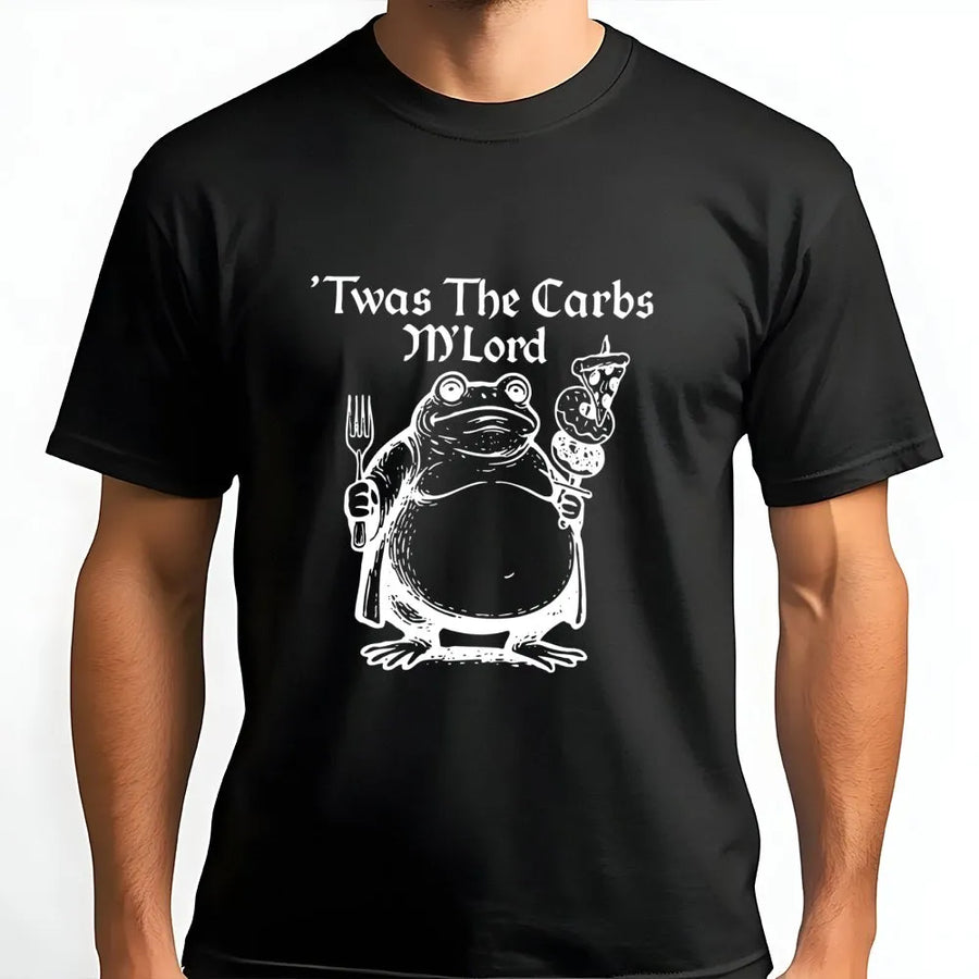 Twas The Carbs M'Lord T-Shirt | Funny Medieval Frog Meme Graphic | Soft Premium Cotton Tee | Humorous Foodie Gift for Men and Women