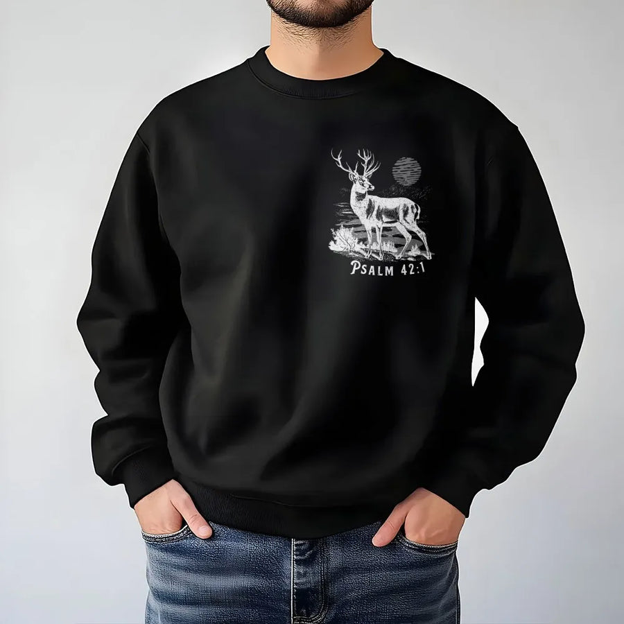 Psalm 42:1 Christian Sweatshirt | Vintage Deer Graphic Tee | Soft Breathable Cotton | Religious Faith Gift for Men