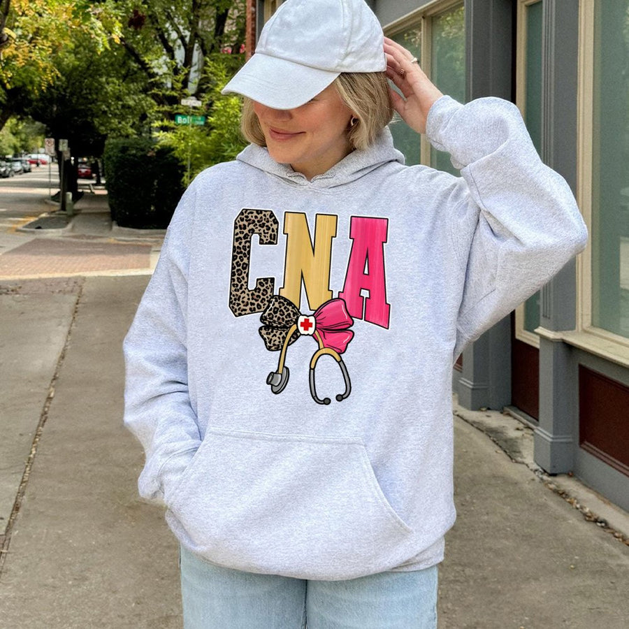CNA Hoodie | Leopard Print Nursing Assistant Graphic with Stethoscope & Bow | Premium Cotton Blend | Graduation Gift for Nurse Assistants