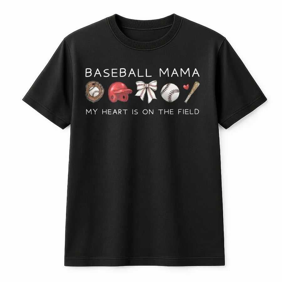 Baseball Mama T-Shirt | My Heart Is On The Field Graphic | Premium Cotton Apparel | Game Day Gift for Baseball Mom