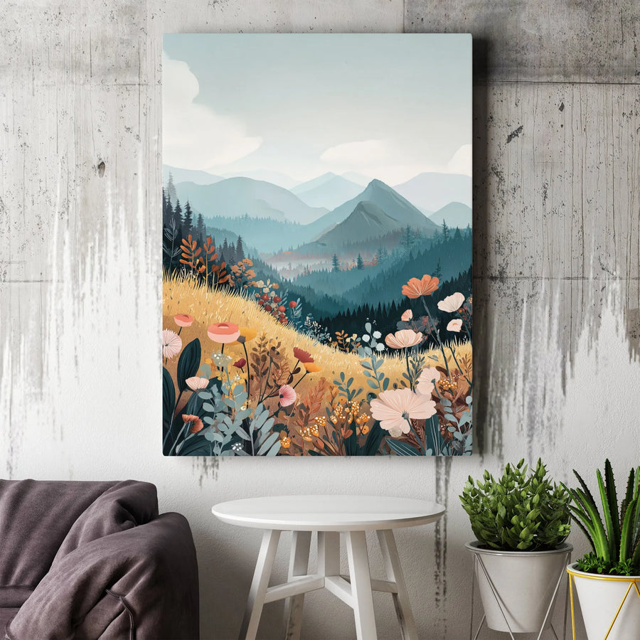 Wildflower Meadow Mountain Landscape Canvas | Boho Nature Valley Print | Premium 1.25-Inch Gallery Wrap | Wall Art Gift for Home Office Decor