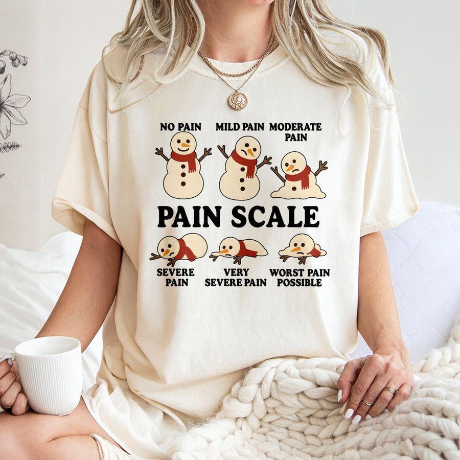 Snowman Pain Scale T-Shirt | Funny Melting Christmas Medical Humor | Premium Cotton Tee | Gift for Nurses Doctors and Healthcare Professionals
