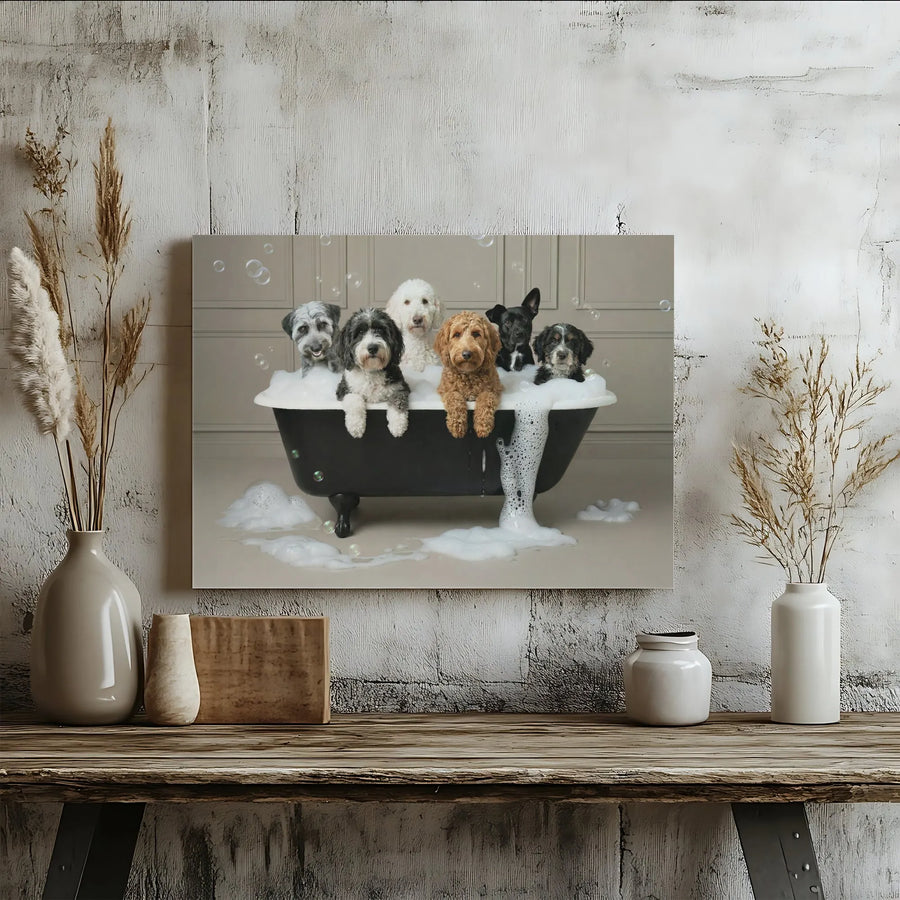 Dogs In Bathtub Canvas Wall Art | Whimsical Puppy Bubble Bath Print | Premium Gallery Wrapped Decor | Funny Animal Lover Gift For Home Office