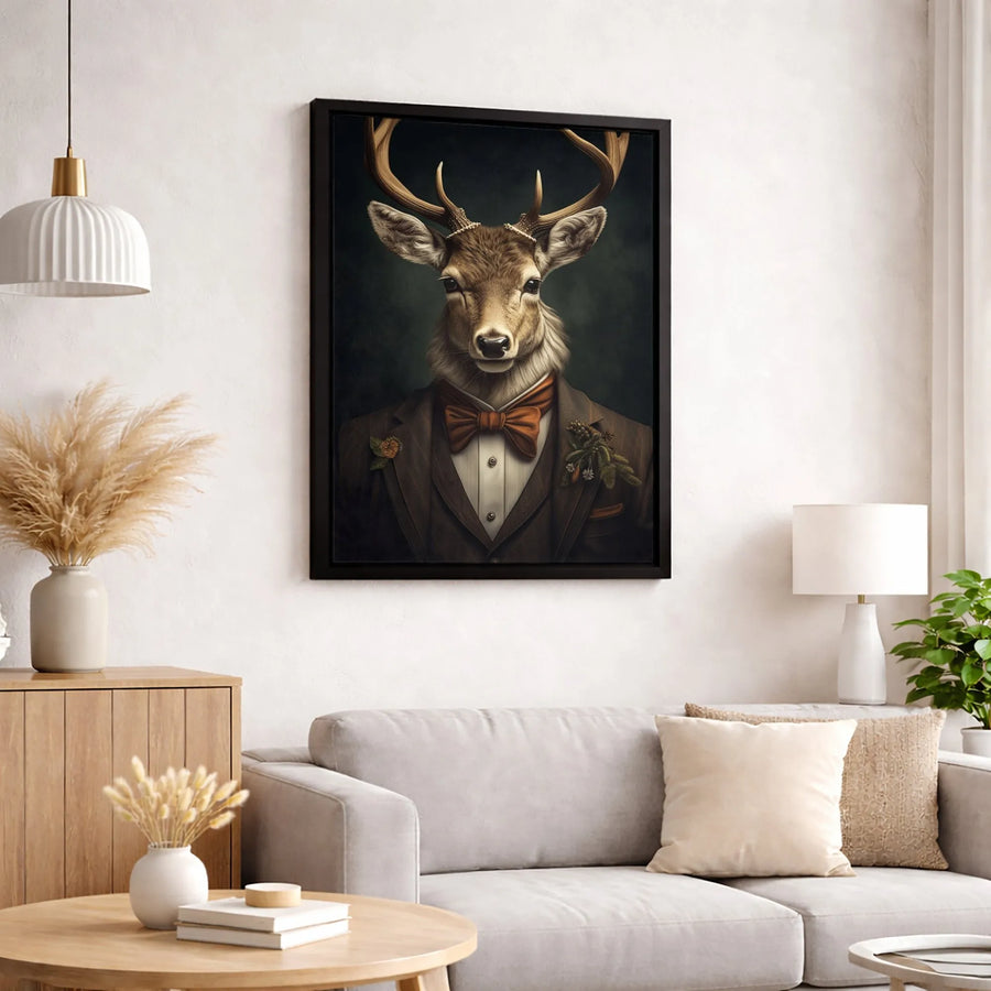 Dapper Deer Canvas Wall Art | Anthropomorphic Stag in Suit Portrait | Premium Gallery-Wrapped Print | Whimsical Office or Home Decor Gift