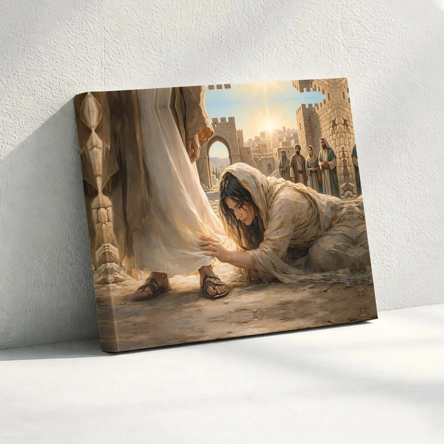 Jesus Healing Canvas Print | Woman Touching His Garment Biblical Art | Premium Gallery Quality Canvas | Christian Home Decor Gift