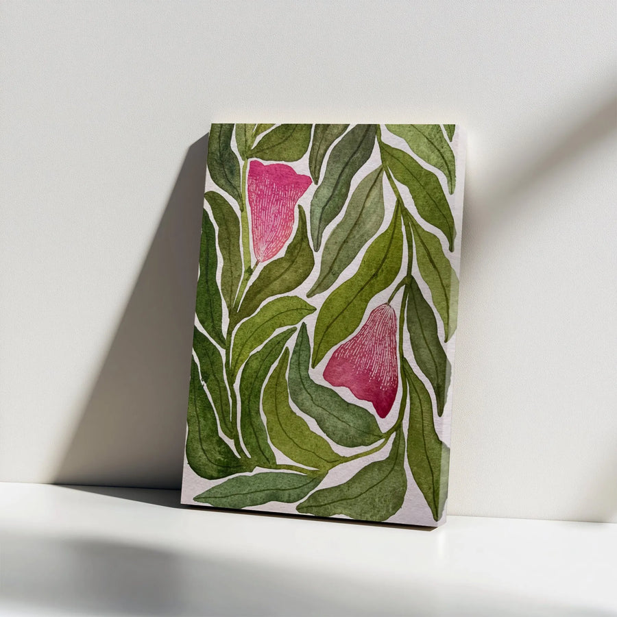 Watercolor Floral Canvas Print | Botanical Green Leaf & Pink Flower Art | Premium Gallery Wrapped Wall Decor | Limited Edition Gift for Home