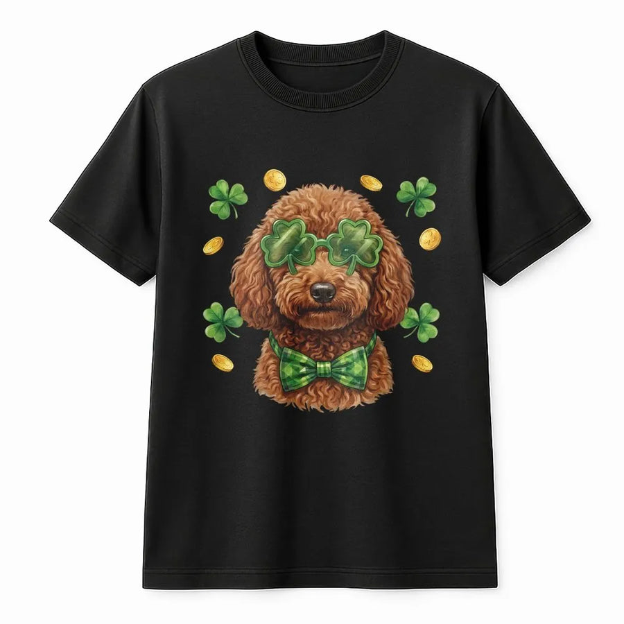 St Patrick's Day Dog T-Shirt | Cute Goldendoodle Shamrock Glasses Graphic | Premium 100% Cotton Tee | Funny Irish Puppy Holiday Gift