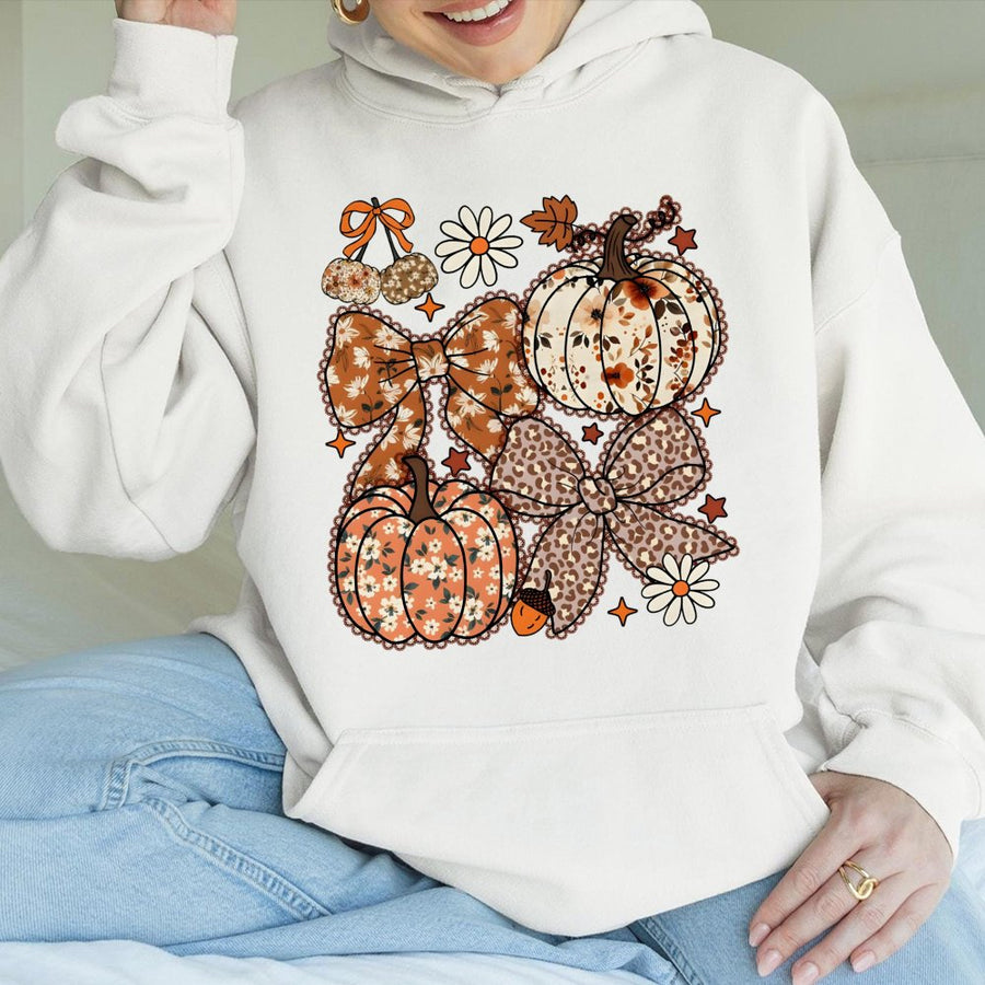 Floral Pumpkin Hoodie | Coquette Aesthetic Bow Design | Soft Cotton-Polyester Blend | Fall Aesthetic Autumn Sweatshirt Gift for Her