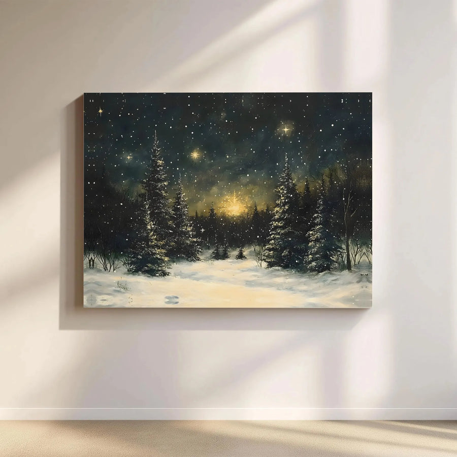 Winter Forest Canvas Wall Art | Snowy Night Landscape with Glowing Stars | 1.25-Inch Premium Gallery Wrap | Festive Holiday Home Decor