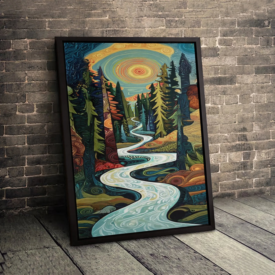 Abstract Forest River Canvas Wall Art | Whimsical Nature Landscape Print | Premium Gallery Wrapped Decor | Modern Home Office Gift Idea