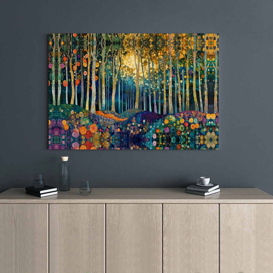 Abstract Enchanted Forest Canvas Wall Art | Whimsical Birch Trees & Wildflower Meadow | Premium Gallery Wrapped Print | Modern Living Room Decor Gift