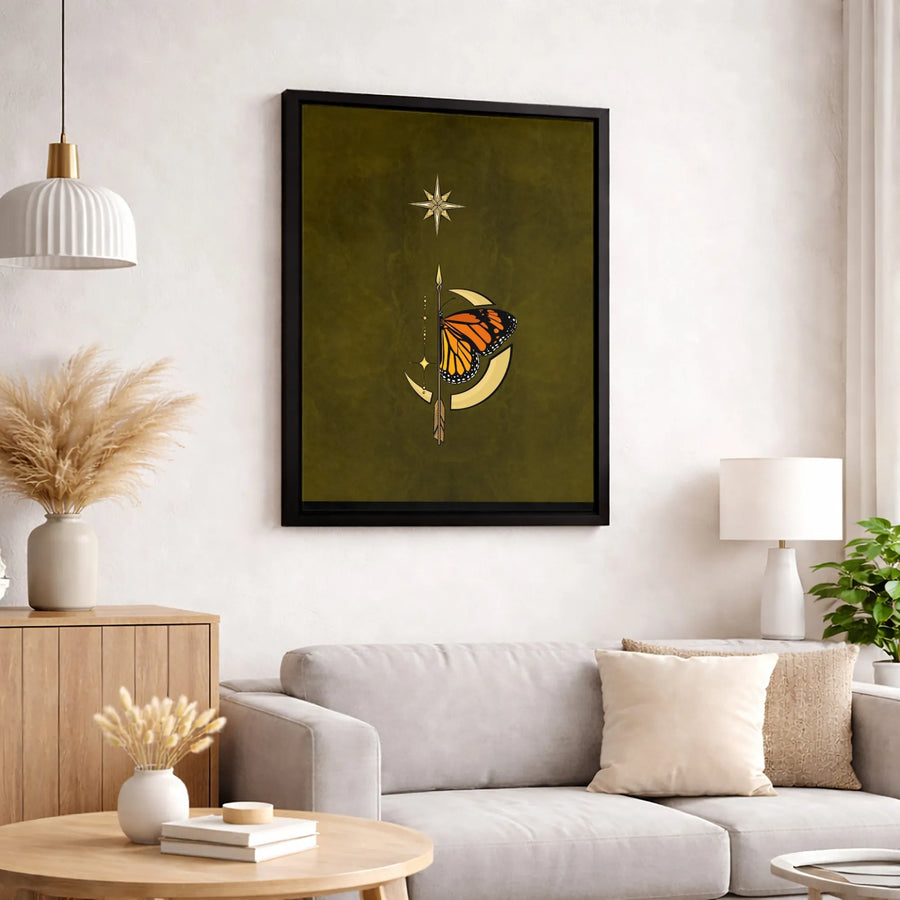 Monarch Butterfly Canvas Art | Crescent Moon And North Star Celestial Wall Decor | Gallery-Wrapped Premium Print | Boho Witchy Aesthetic Home Gift