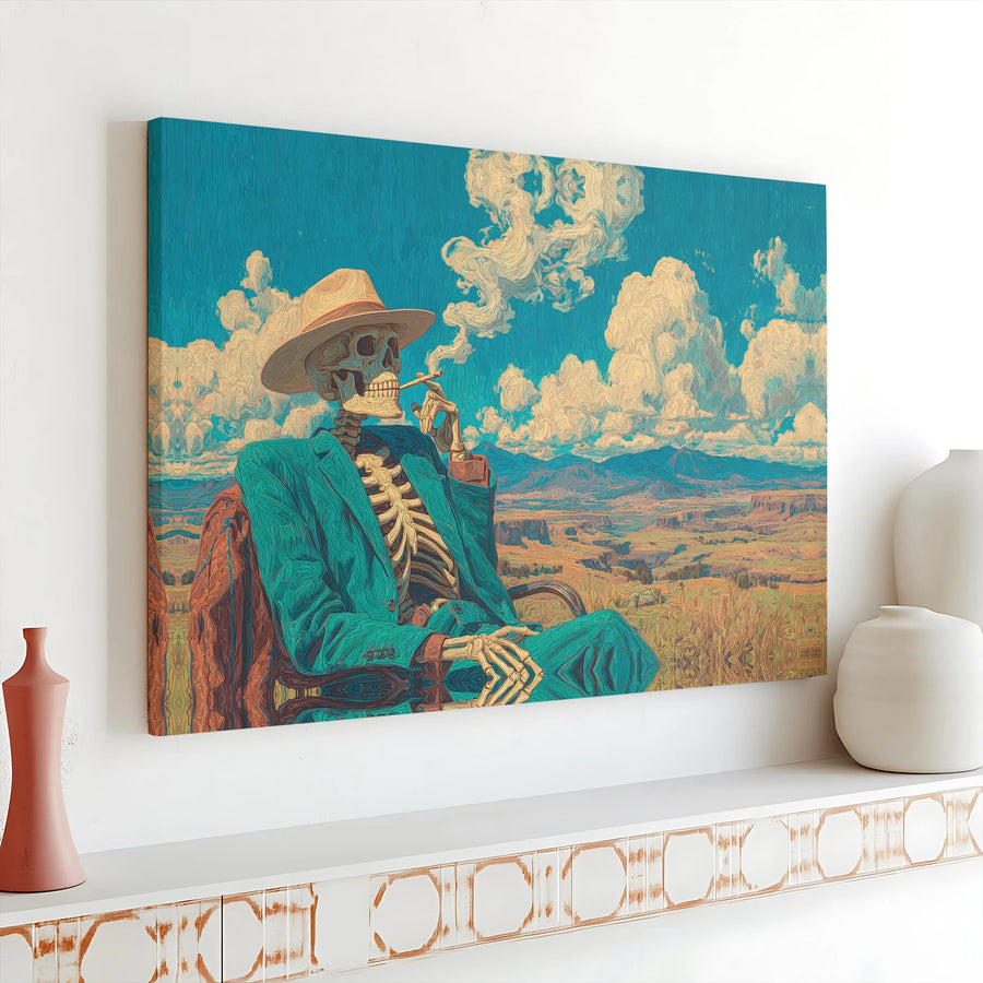 Skeleton Cowboy Canvas Wall Art | Psychedelic Western Landscape Print | Premium Thick Gallery Wrap | Unique Home Decor Gift