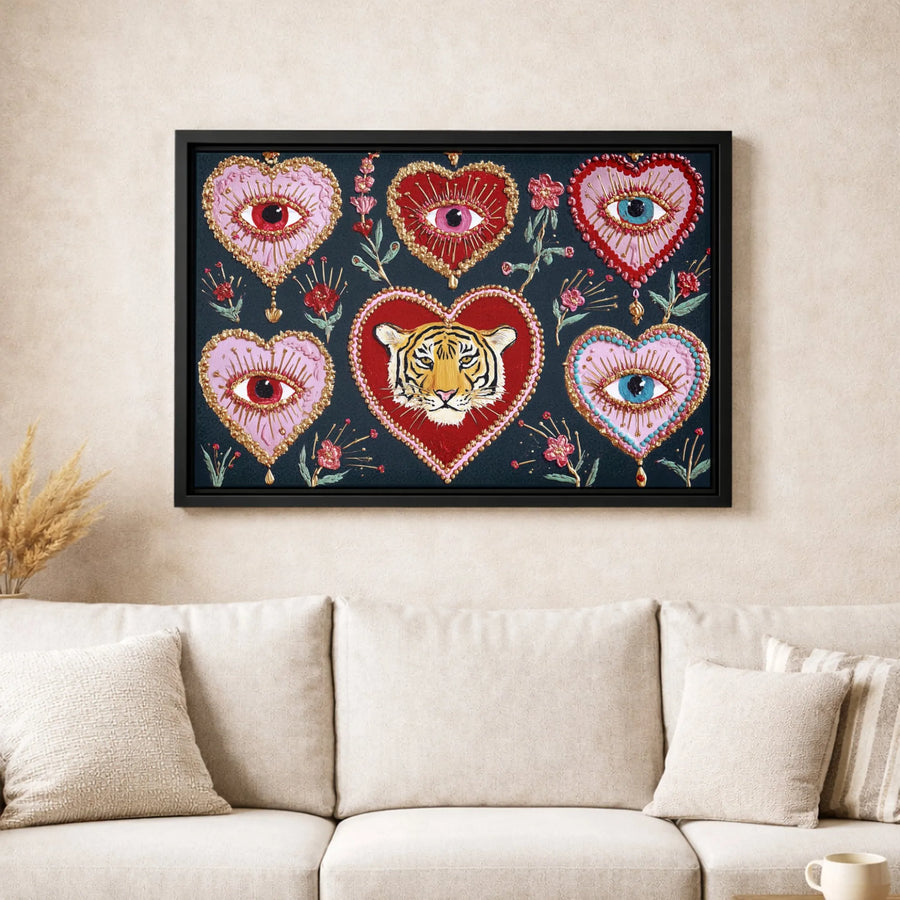Tiger and Evil Eye Wall Art | Boho Heart Floral Gallery Print | Premium Thick Gallery Wrap Canvas | Spiritual Home Decor Gift for Her