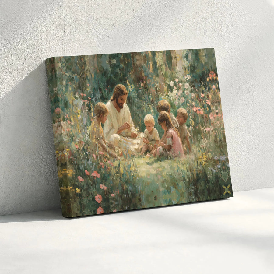 Jesus with Children Canvas Print | Impressionist Religious Art of Christ in a Floral Garden | Premium Gallery Wrapped Canvas | Christian Home Decor Gift