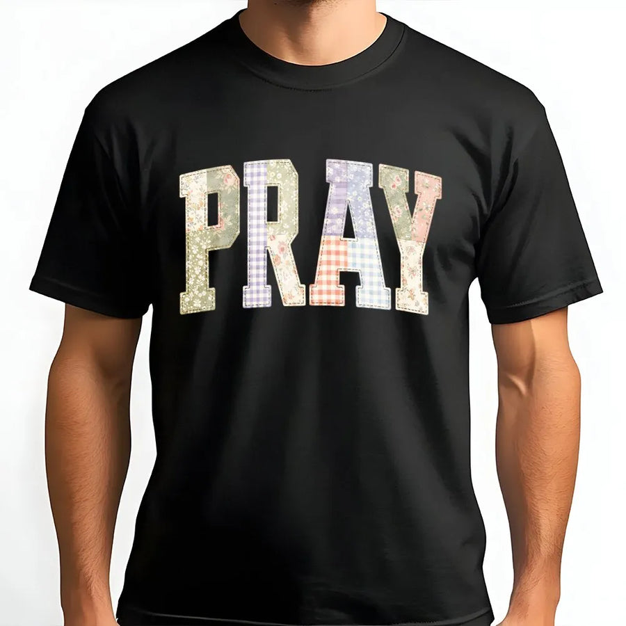 Pray Floral Patchwork T-Shirt | Cottagecore Aesthetic Religious Graphic Tee | 100% Premium Cotton | Faith-Based Inspirational Christian Gift