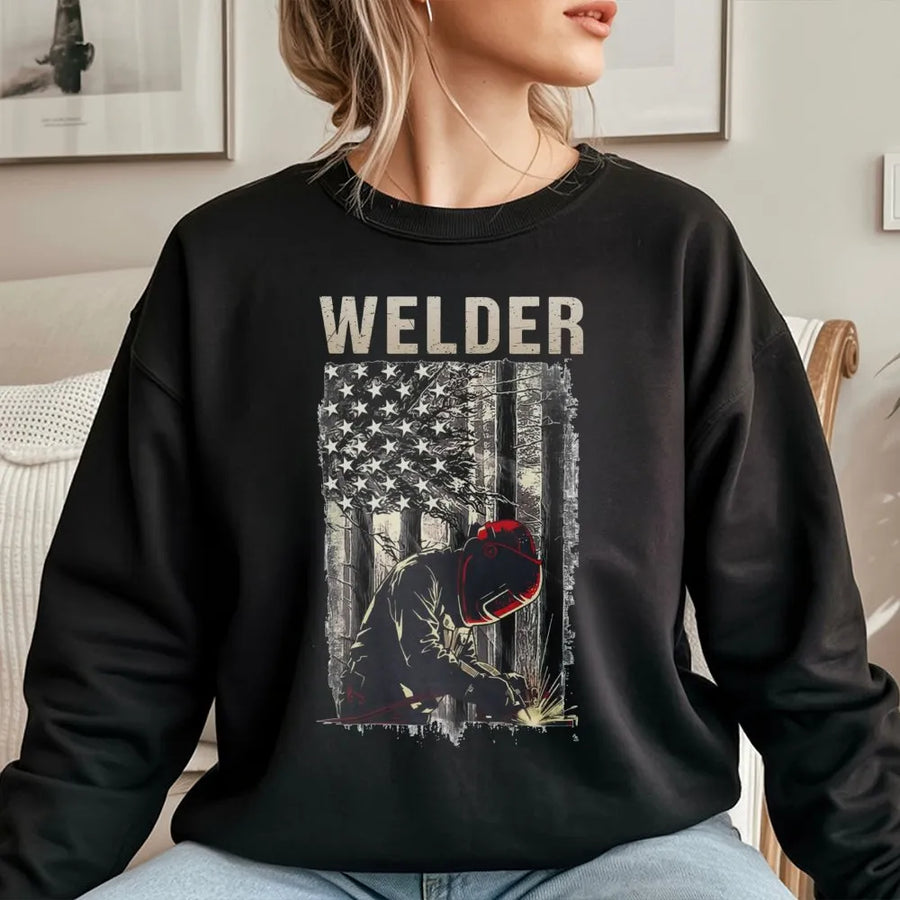 Welder Sweatshirt | American Flag Welding Graphic | Premium Cotton Blend | Patriotic Gift for Professional Welder or Metal Worker