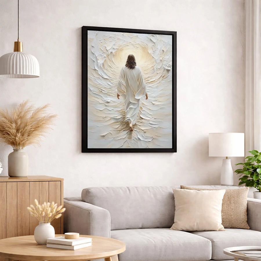 Jesus Walking Into Light Canvas | Textured Impasto Religious Wall Art | Premium Gallery Wrapped Print | Christian Home Decor Gift