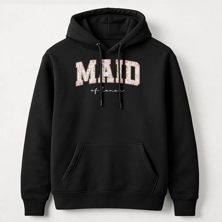Maid Of Honor Hoodie | Floral Varsity Lettering Design | Premium Cotton Polyester Blend | Cute Bridesmaid Proposal Gift For Wedding Party