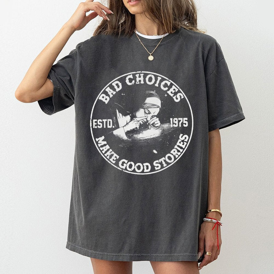 Bad Choices Make Good Stories T-Shirt | Edgy Smoking Nun Graphic Tee | Premium 100% Cotton Apparel | Funny Sarcastic Gift for Men and Women