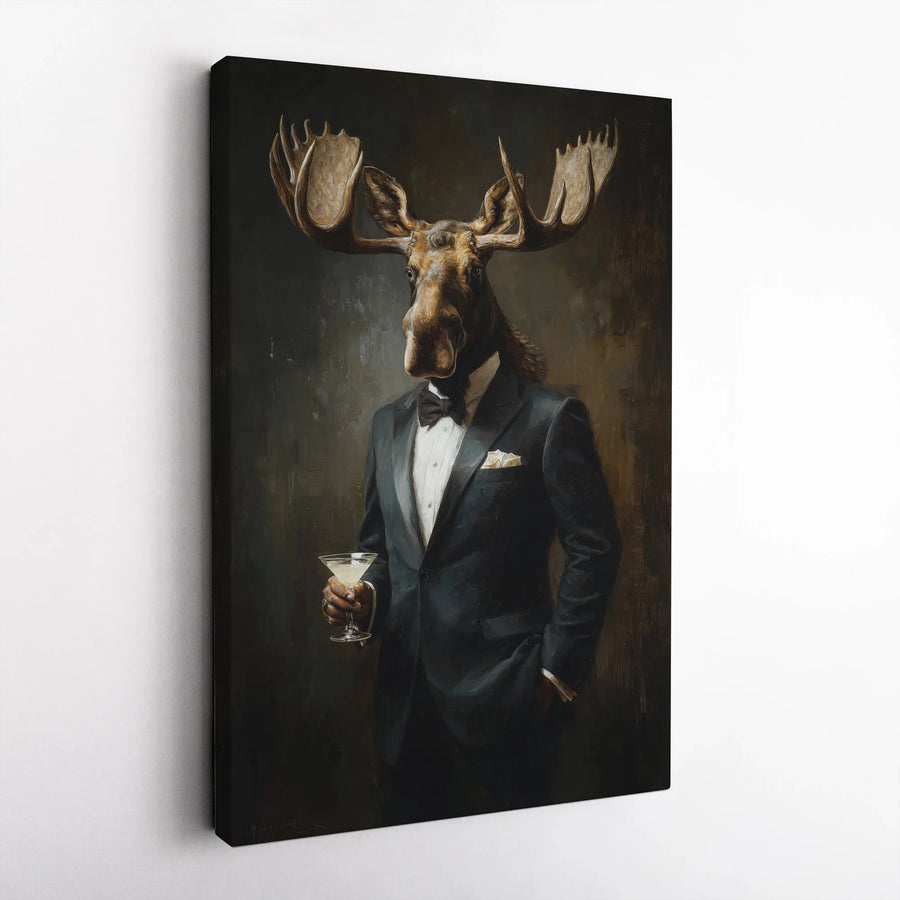 Dapper Moose in Tuxedo Canvas Wall Art | Victorian Animal Portrait Painting | Premium Gallery Wrap | Unique Bar & Man Cave Decor Gift