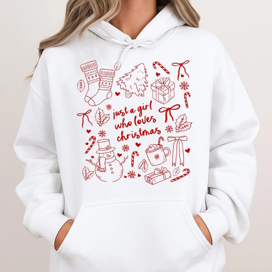 Just A Girl Who Loves Christmas Hoodie | Coquette Bow Holiday Aesthetic | Soft Cotton-Poly Blend | Festive Xmas Gift For Her