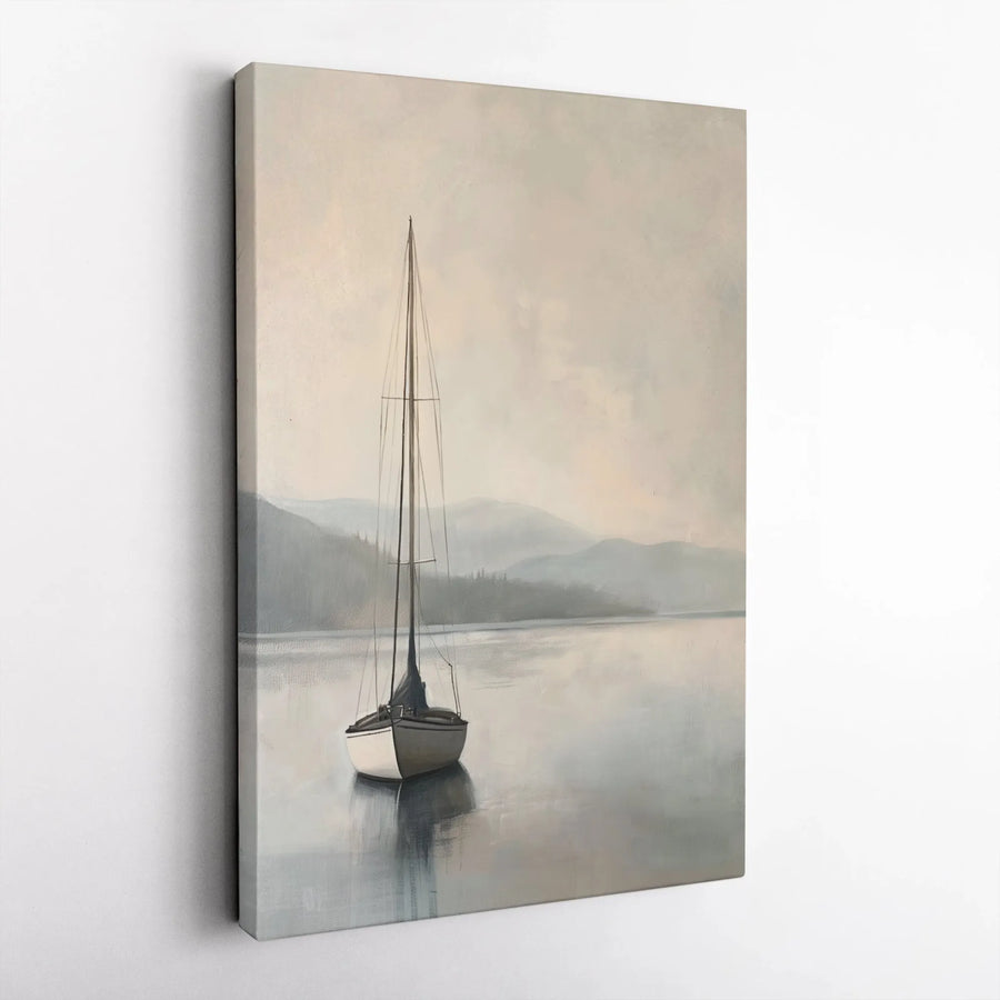 Sailboat Painting Canvas Wall Art | Minimalist Lake Scene with Misty Mountains | Premium Frameless Print | Nautical Home Decor Gift for Living Room