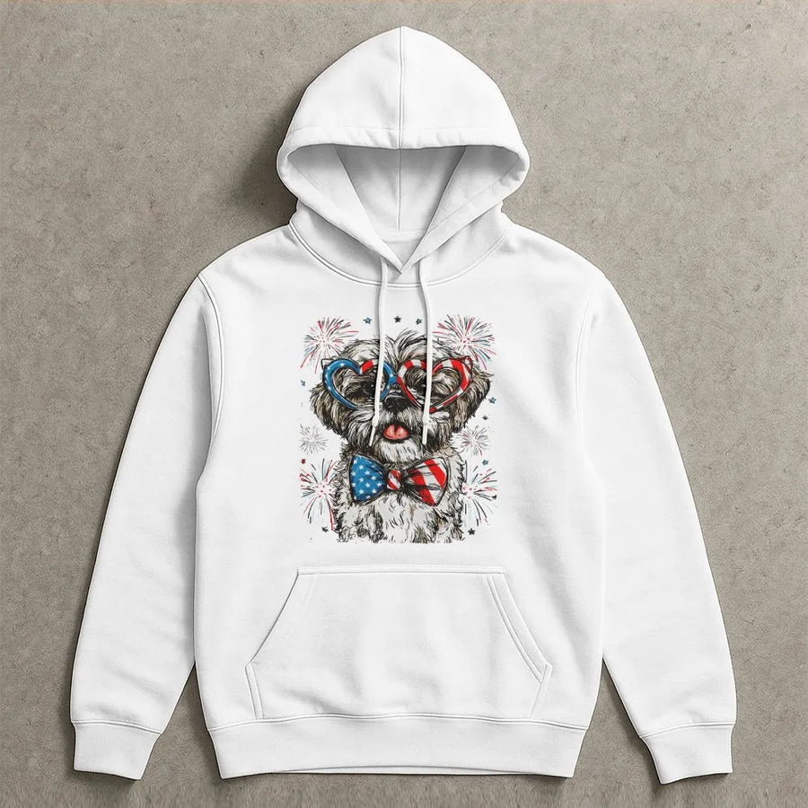 Patriotic Shih Tzu Hoodie | USA Flag Glasses & Fireworks Graphic | Cozy Cotton Blend | 4th of July Gift for Dog Lover