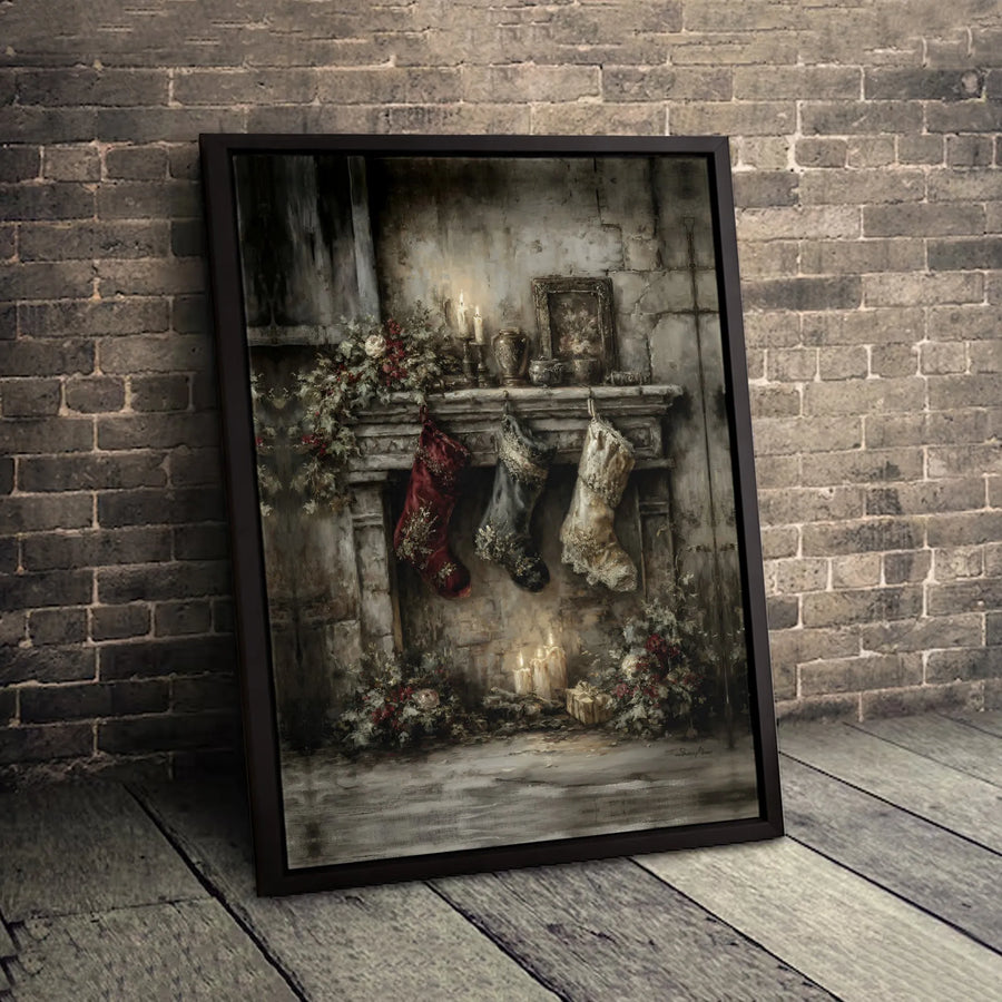 Vintage Christmas Fireplace Canvas Wall Art | Rustic Holiday Stockings Decor | Premium Fade-Resistant Gallery Wrap | Cozy Winter Living Room Gift