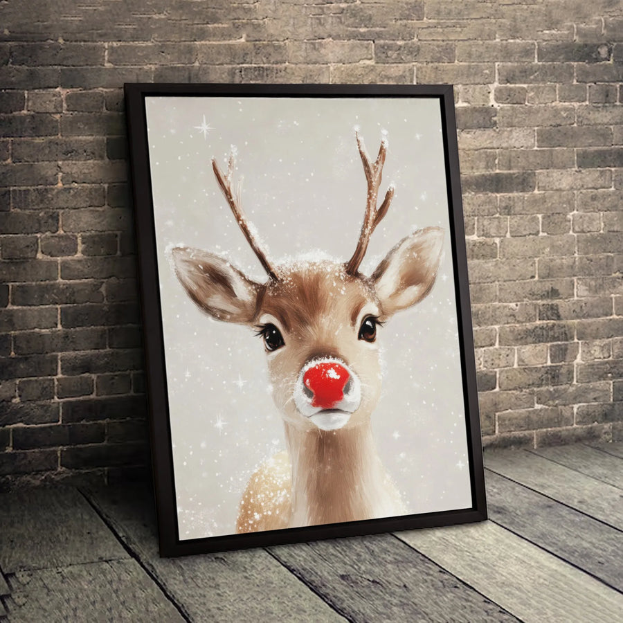 Red Nosed Reindeer Canvas Wall Art | Christmas Holiday Animal Portrait | Premium Gallery Wrapped Print | Cute Winter Decor Gift for Home