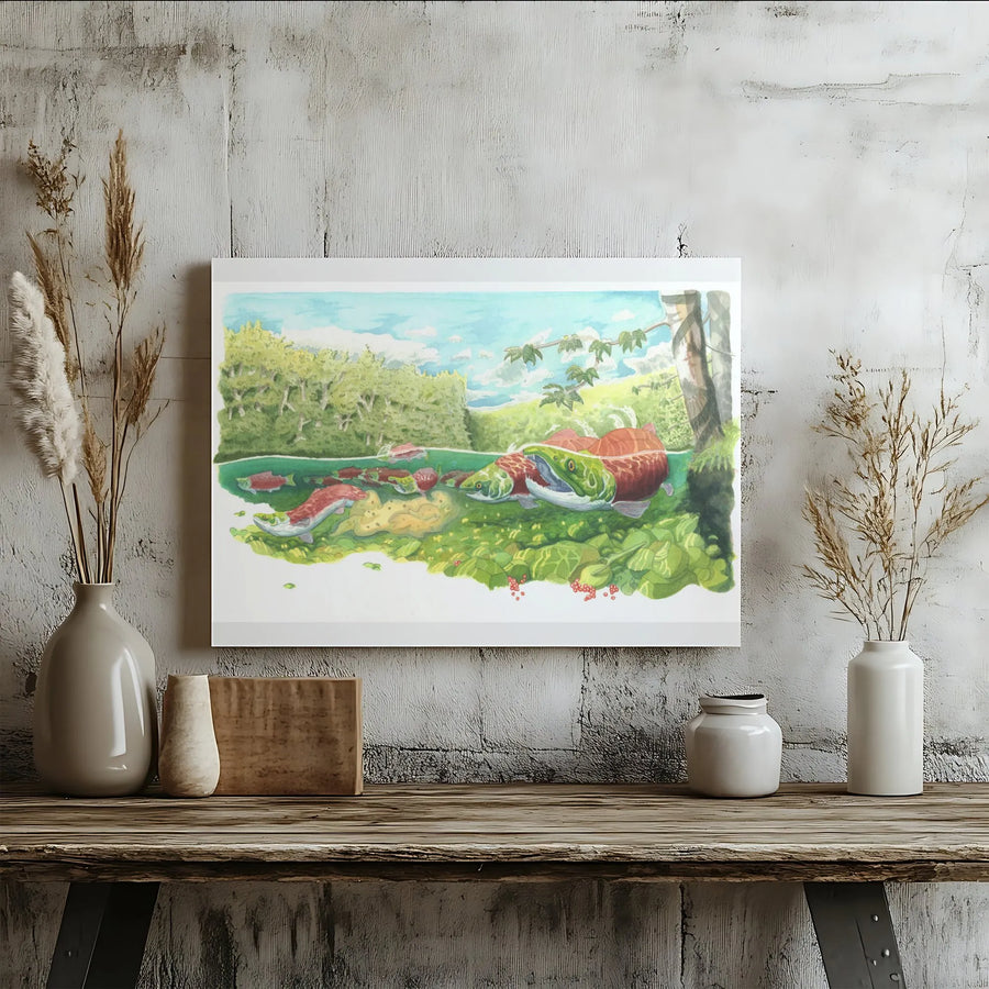 Sockeye Salmon Run Canvas Art | Watercolor River Wildlife Scene | Thick Gallery Wrap Canvas | Premium Gift for Fisherman & Cabin Decor