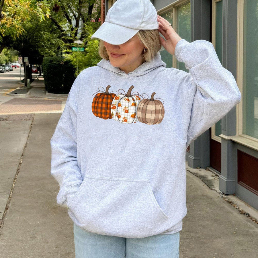 Pumpkin Trio Hoodie | Plaid and Floral Autumn Graphic | Premium Cotton Blend | Thanksgiving Fall Gift for Women and Men