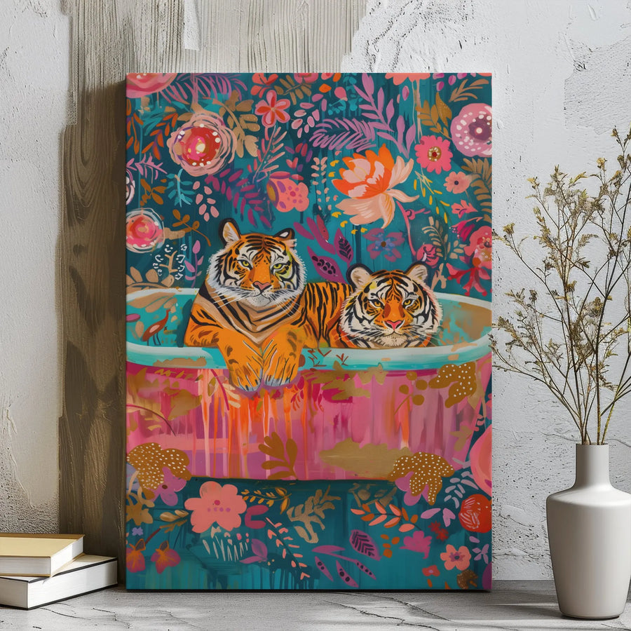 Tiger Canvas Wall Art | Colorful Botanical Jungle Bathroom Decor | 1.25" Gallery Wrap Premium Print | Whimsical Animal Lover Gift