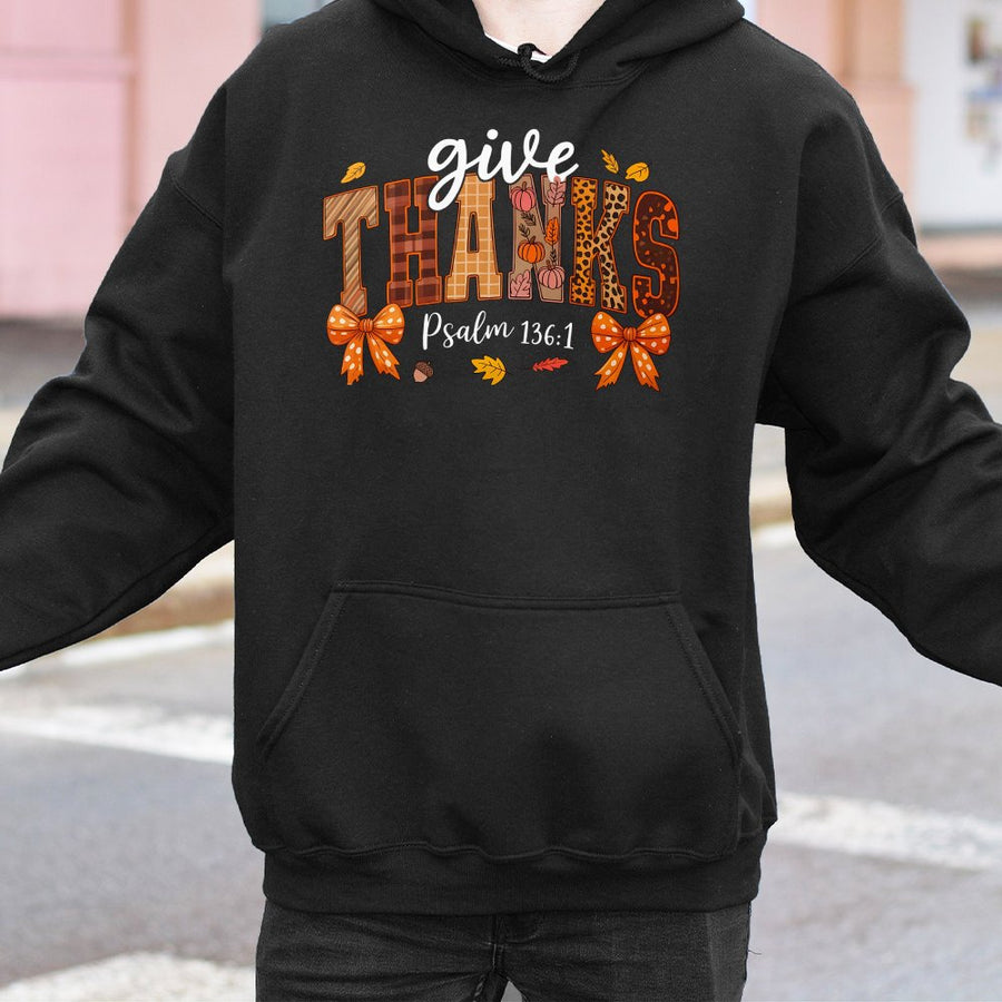 Give Thanks Psalm 136:1 Hoodie | Preppy Fall Pumpkin Bow Design | Premium Cotton Blend | Christian Thanksgiving Gift for Women
