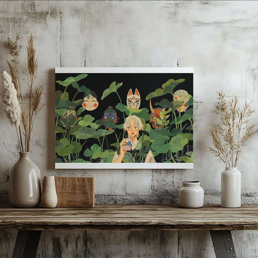 Japanese Masks Canvas Print | Anime Girl in Lotus Pond Art | Premium Gallery Wrap Canvas | Gift for Otaku & Manga Fans