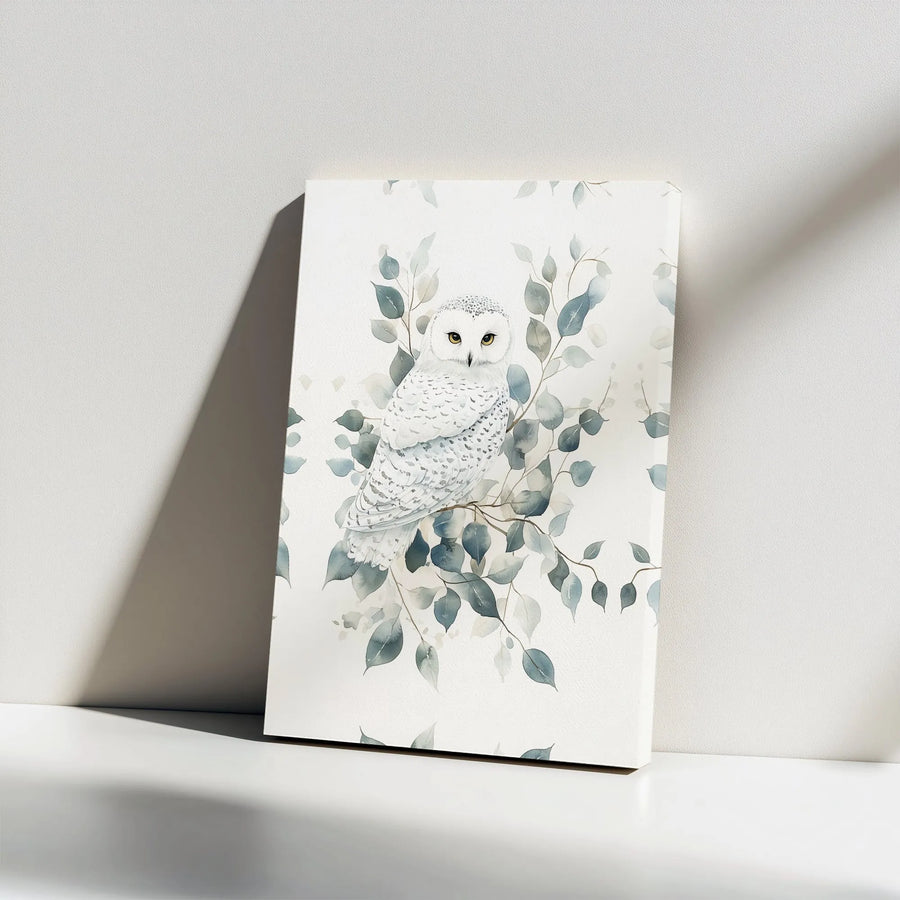 Snowy Owl Watercolor Canvas Wall Art | Minimalist Eucalyptus Botanical Print | Premium Gallery Wrapped Canvas | Gift for Nature Lover, Woodland Nursery Decor