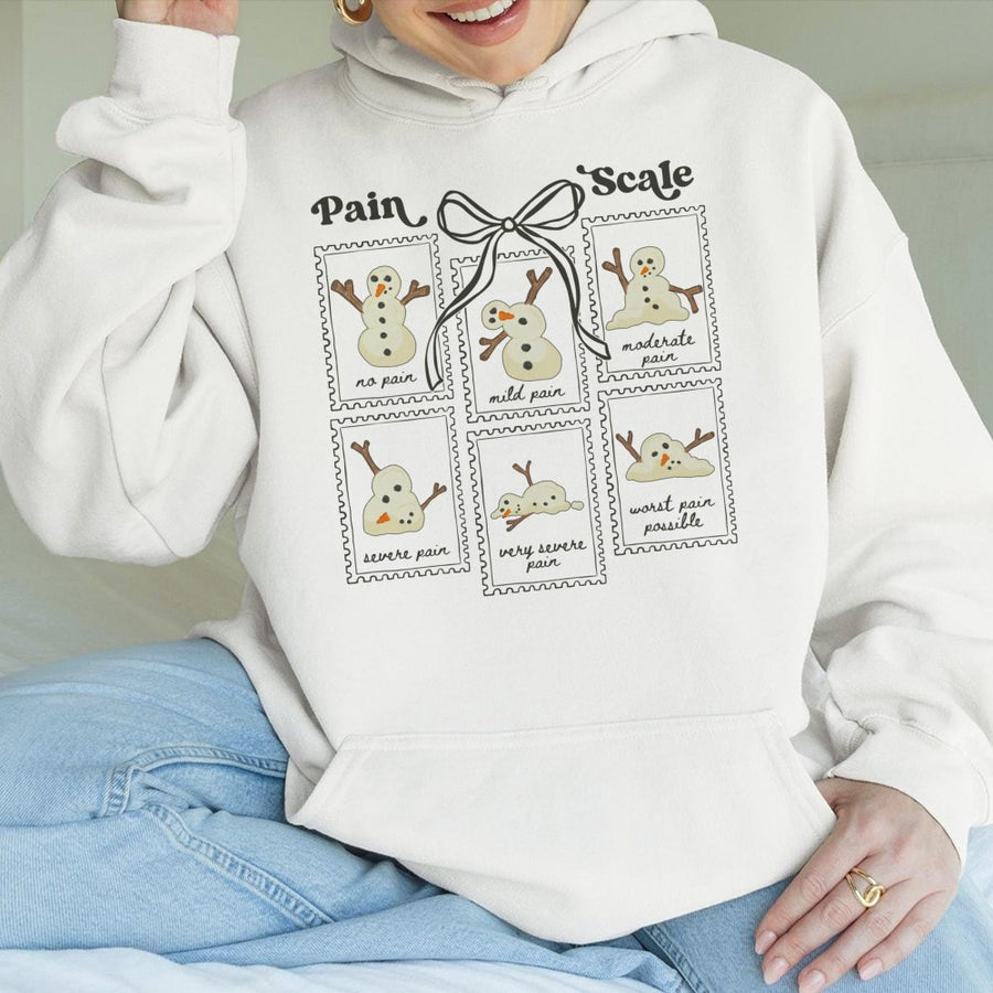 Funny Snowman Pain Scale Hoodie | Cute Medical Christmas Sweatshirt | Premium Cotton-Blend | Nurse Healthcare Worker Gift
