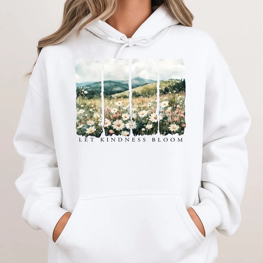 Let Kindness Bloom Hoodie | Watercolor Wildflower Meadow Graphic | Soft 100% Cotton Tee | Inspirational Gift, Positive Message Shirt